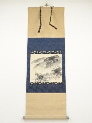 作家物　寺塔風景　肉筆紙本掛軸（保護箱）